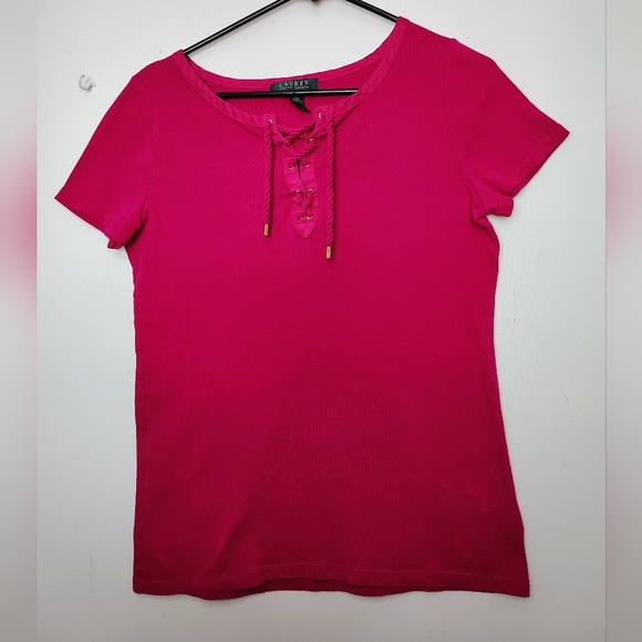 Lauren Ralph Lauren top blouse V-neck tie, cotton casual outfits Colorful Large. - Picture 11 of 11